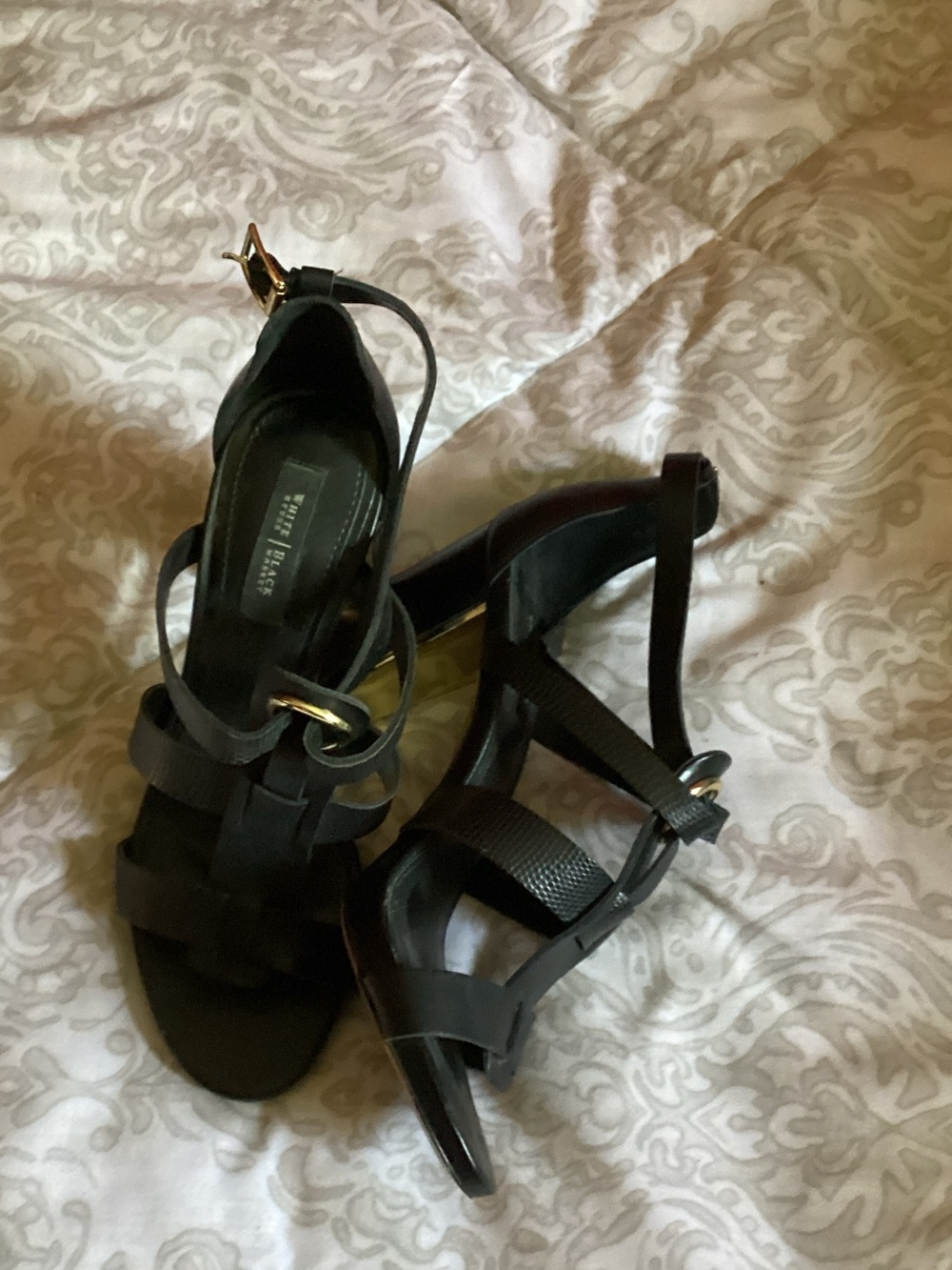 White House Black Market Black Strappy Heels with Gold Buckle
